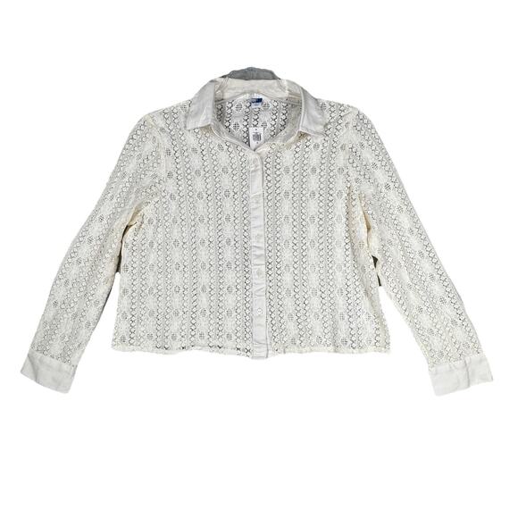 Old Navy Tops - Old Navy Shirt Women Medium White Open Crochet Button Up Boho Neutral Minimalist